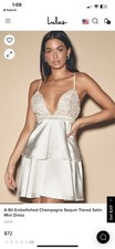 NWT lulus A Bit Embellished Champagne Sequin Tiered Satin Mini Dress