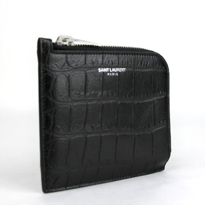 Saint Laurent YSL Men's Black Leather Crocodile Imprint Card Case