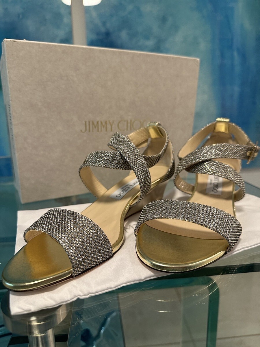 Jimmy Choo CHIARA Platinum Lame Glitter Wedge Sandal Shoe Size 39 