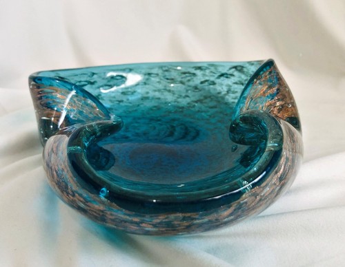 Vintage MURANO Art Glass Ashtray MCM Teal Blue and Gold ~ 3 pounds 15 ounces. - Picture 7 of 8