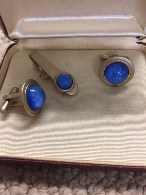 JUEGO DE GEMELOS/CLIPS DE CORBATA SPECTORS VINTAGE VIDRIO AZUL TONO DORADO SIN USAR ANTIGUO -74 Foto 2 de 3