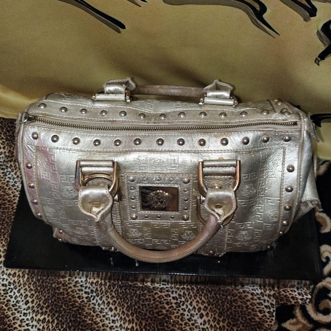 VERSACE HandBag Boston Bag With Studs Hardware Silver Leather Greca Embossed thumbnail 21