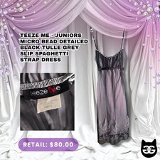 Vestido De Colección Y2K Teeze Me Gris Transparente Tul Sin Mangas Plateado Bordado Junior Pequeño