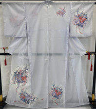 Japanese Vintage Kimono Polyester Blue No Lining Seethrough Length 63 in