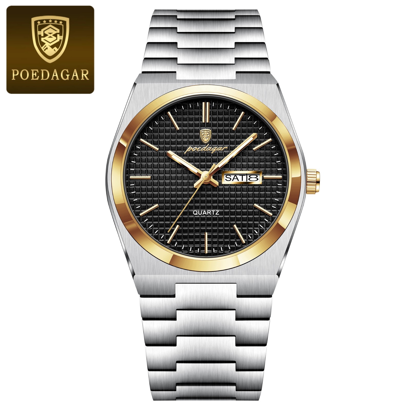 Montre Homme POEDAGAR Étanche en Acier Quartz Noir Or avec Date et Jour Automatique