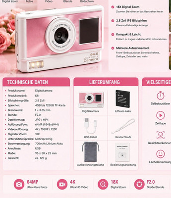 K8 Digitalkamera 64MP 4K 18x Zoom 2,8'' Display f/2.0 Rosa/Weiß USB