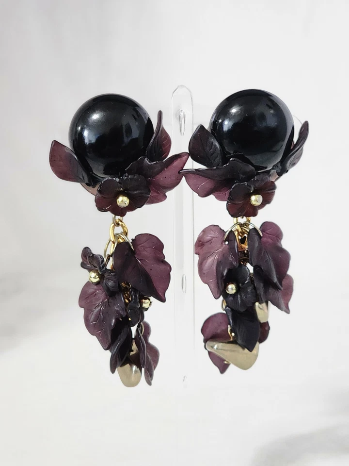 Colleen Toland Purple/ Black Flower Leaf Earrings Bead Dangle Clip OnUnsigned - Image 2 of 4