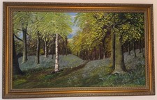 Large oil painting  on board Landscape bluebell wood framed signed  88 / 56 cm