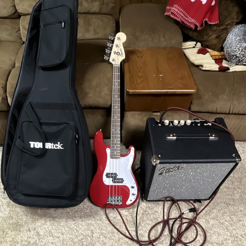 Fender Precision Bass 4-String Solid Body Red w/ Amp Gig Bag Cable With Amp.