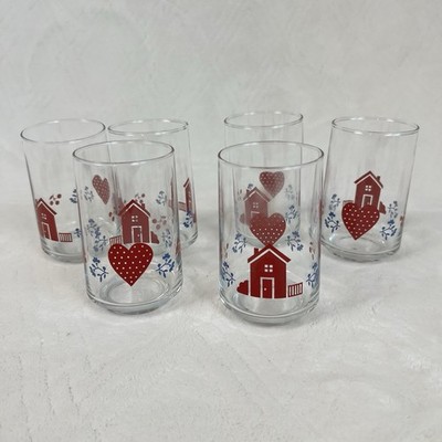 Vintage Corelle by Corning Home Town Set of 6 Drinking Glass Red House Heart