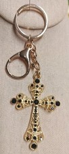 Black Rhinestone Gold Cross Bag Charm Keychain Key Ring Crystal NWOT