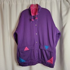 VTG Fashion Bug 90s 2 Reversible Button Up Fleece Jacket Purple Pink Sz Large