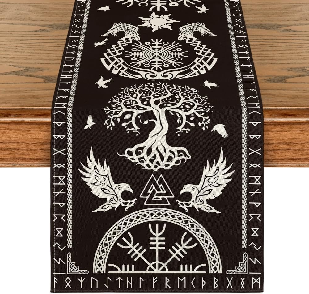 Corredor de mesa Black Viking Tree Of Life 72" - Raven Helm Of Awe Nordic - Nuevo
