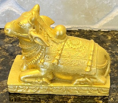 Sacred Cow Hindu God Infant Nandi Bull   Brissav Gold Polystone Shiva Statue 3''
