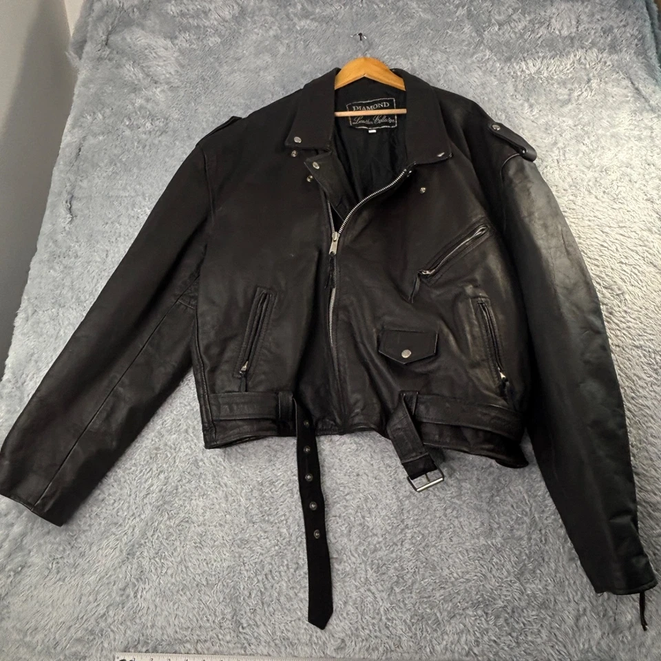 Chaqueta de moto vintage de cuero diamante color negro cintura con cinturón 56 talla XXXL Foto 2 de 4