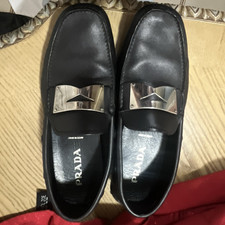 PRADA Men's Black smooth Leather driving Slip-On Loafers  Silver logo  8.5us 2D 