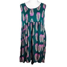 World Market Womens Sleeveless Teal Dress Casual Pink Feather Print S/M Rayon