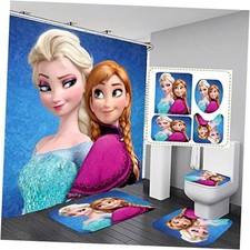Cartoon Girls Bathroom 4 Pieces Shower Curtain Set, Toilet Lid Cover and Bath