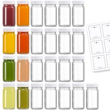 25 Pack 2 oz Glass Shot Bottles w/ White Lids  25 Labels - Small Clear Jar f...