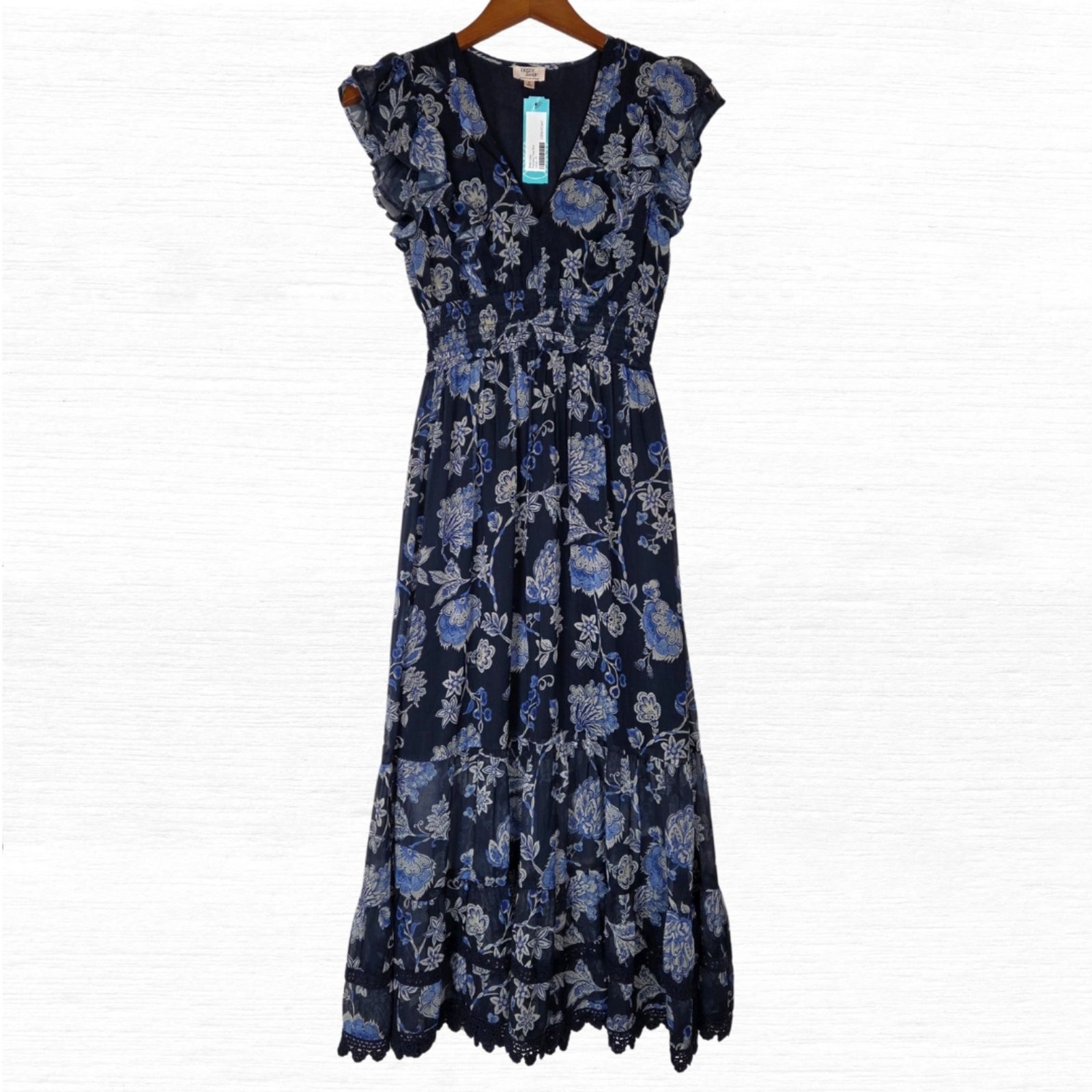 Dizzy Lizzy Womens Small Summer Floral Boho Chic Midi Dress Indigo New with Tags
