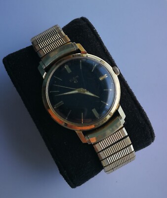 ELGIN E Wrist Watch Vintage Gold Plated Black Dial Armbanduhr 1960s 34mm Working
