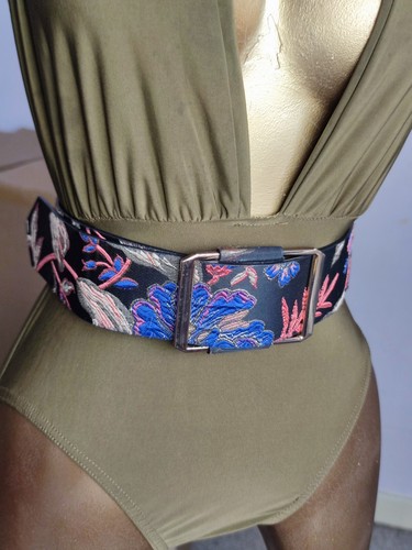 RIVER ISLAND BELT FABRIC FLORAL SQUARE GOLD TONE PARTY SPECIAL OCCASION - Picture 2 of 8