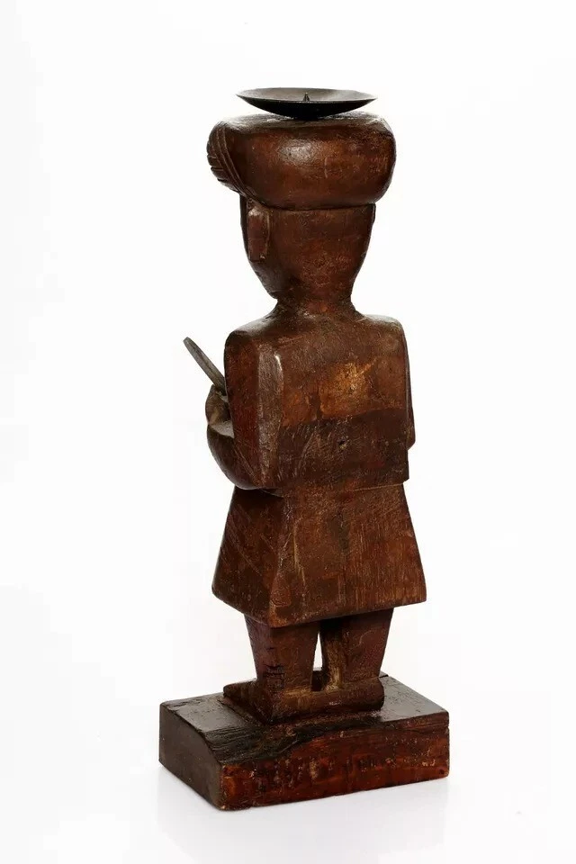 Antique Old Wooden Hand Carved Tribal Watch Man Statue Candle Stand Sculpture - Image 4 of 4