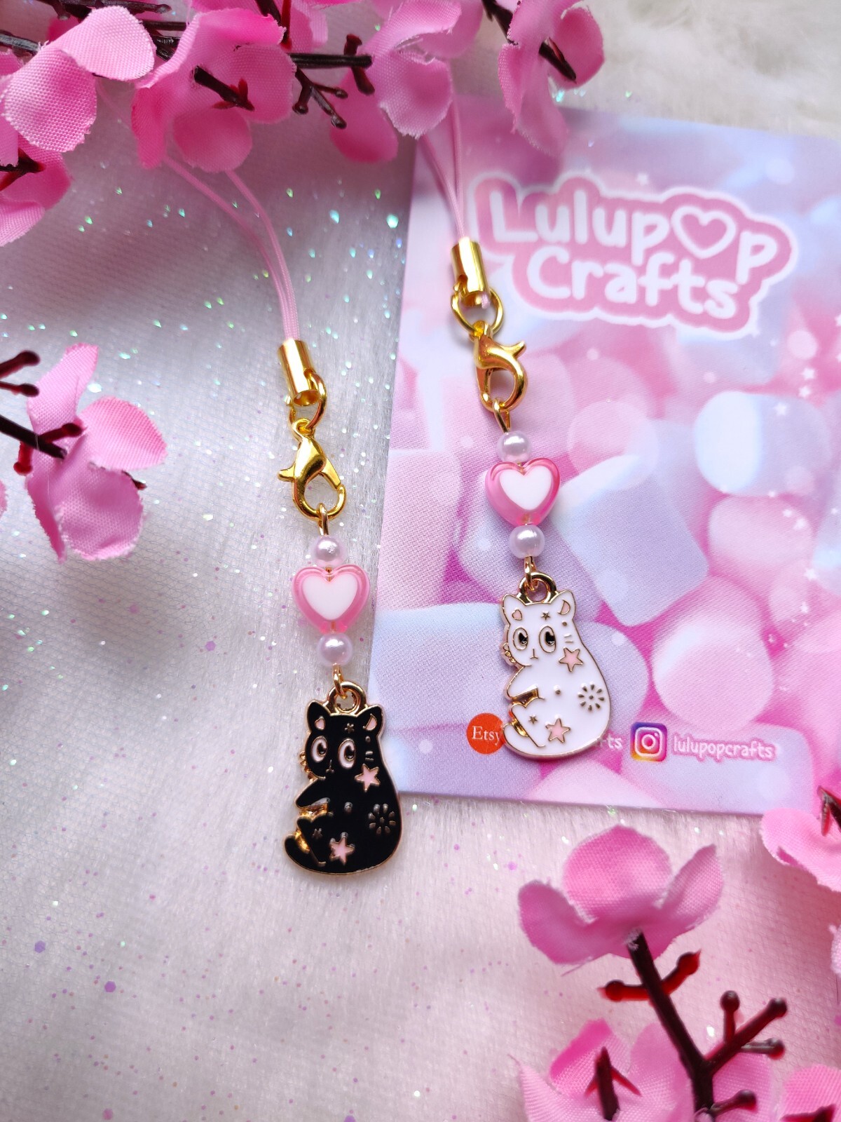 Dije de teléfono Kawaii Cat - Dije Neko blanco y negro - Llavero Kawaii pastel