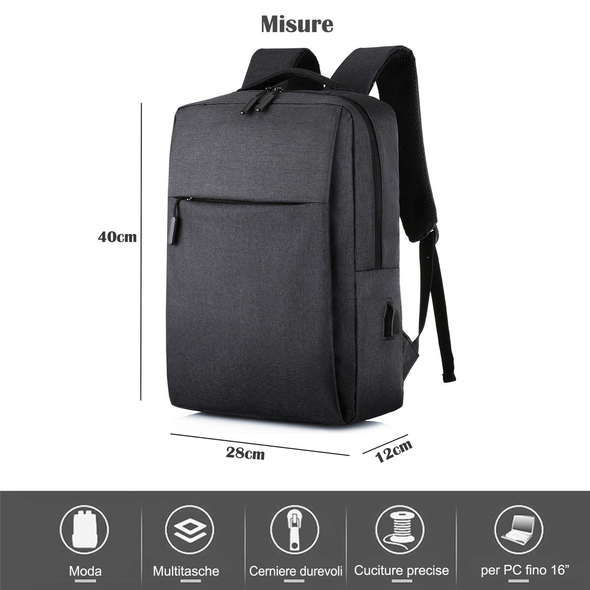 Zaino Laptop Mixroom Con Porta USB - Per PC Fino A 15", Tessuto Oxford, Design Ergonomico - Foto 8