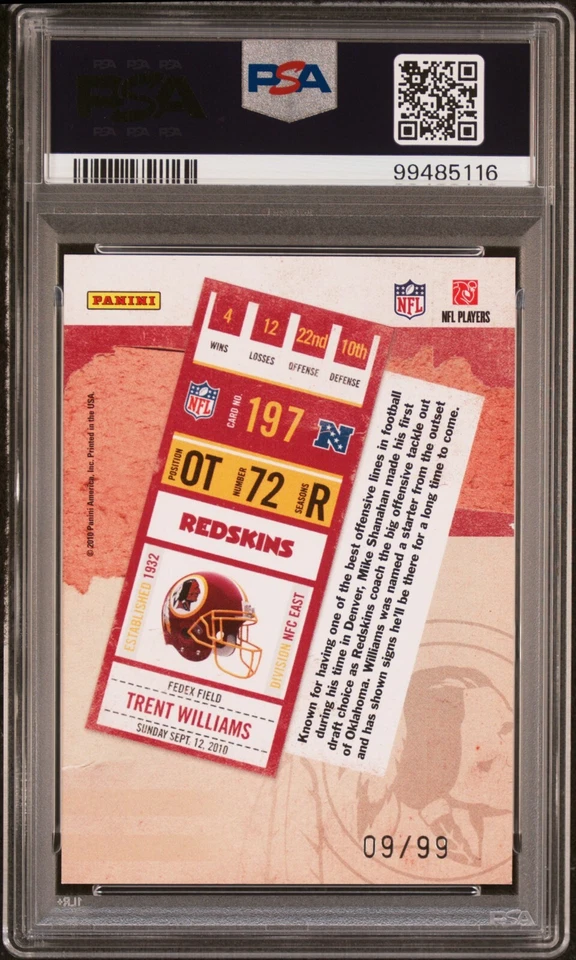 2010 Trent Williams #197 Contenders Playoff Ticket PSA 8 Rookie Numbered /99 - Image 2 of 2