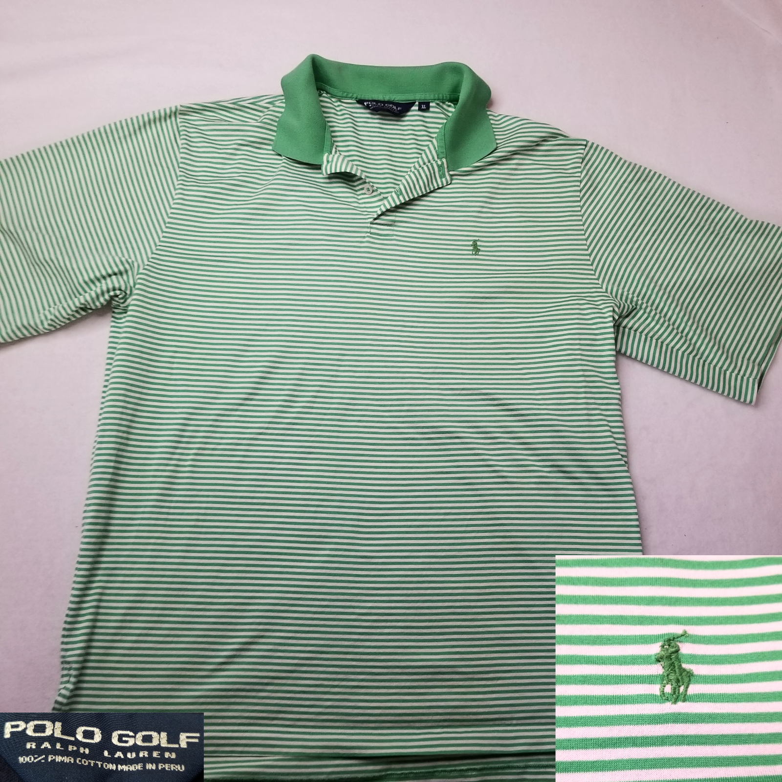 Polo Golf Ralph Lauren Uomo XL Pima Camicia Cotone Verde Bianco Righe Casual Pony