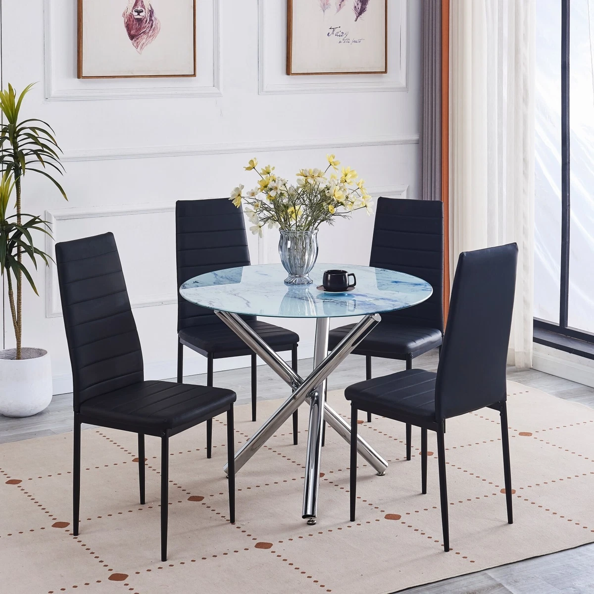 4x Black Faux Leather Dining Chairs Round Marble Effect Glass Dining Table Set