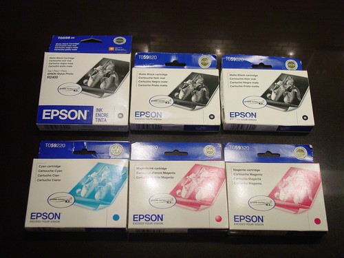 Genuine Epson T059 Black, Cyan Magenta Ink Cartridges 07-09 New Sealed R2400