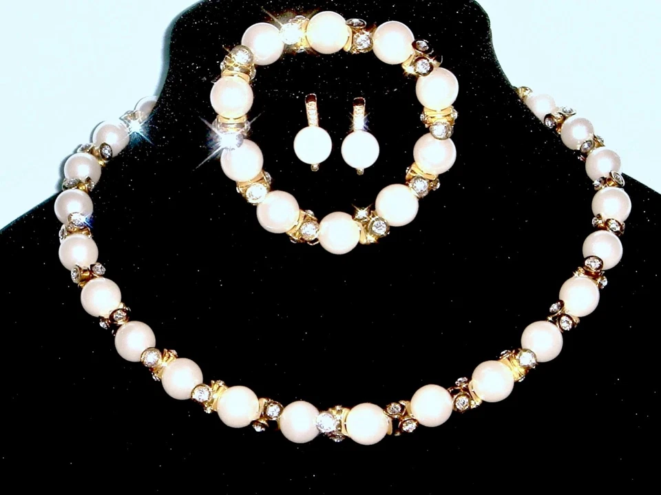 HALSKETTE ARMBAND OHRSTECKER 18K GOLD 🚭 PERLEN SWAROVSKI ELEM. •3-TEILIG.SET• - Bild 2 von 4