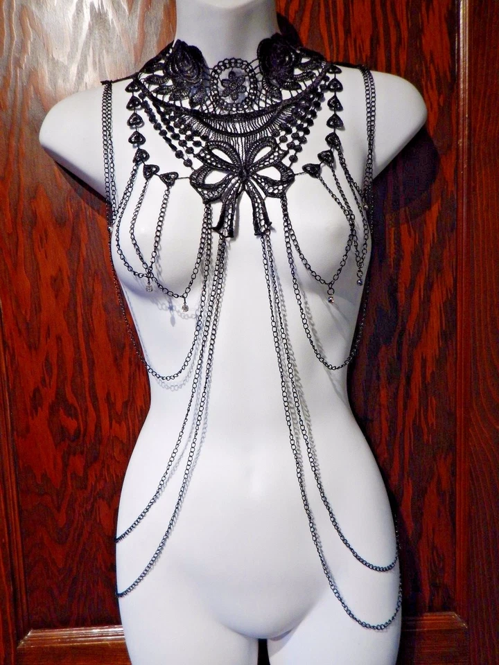 ROSAS NEGRAS ENCAJE CUERPO JOYERÍA collar arnés yugo collar gargantilla gótica glamour 5Z Foto 2 de 2