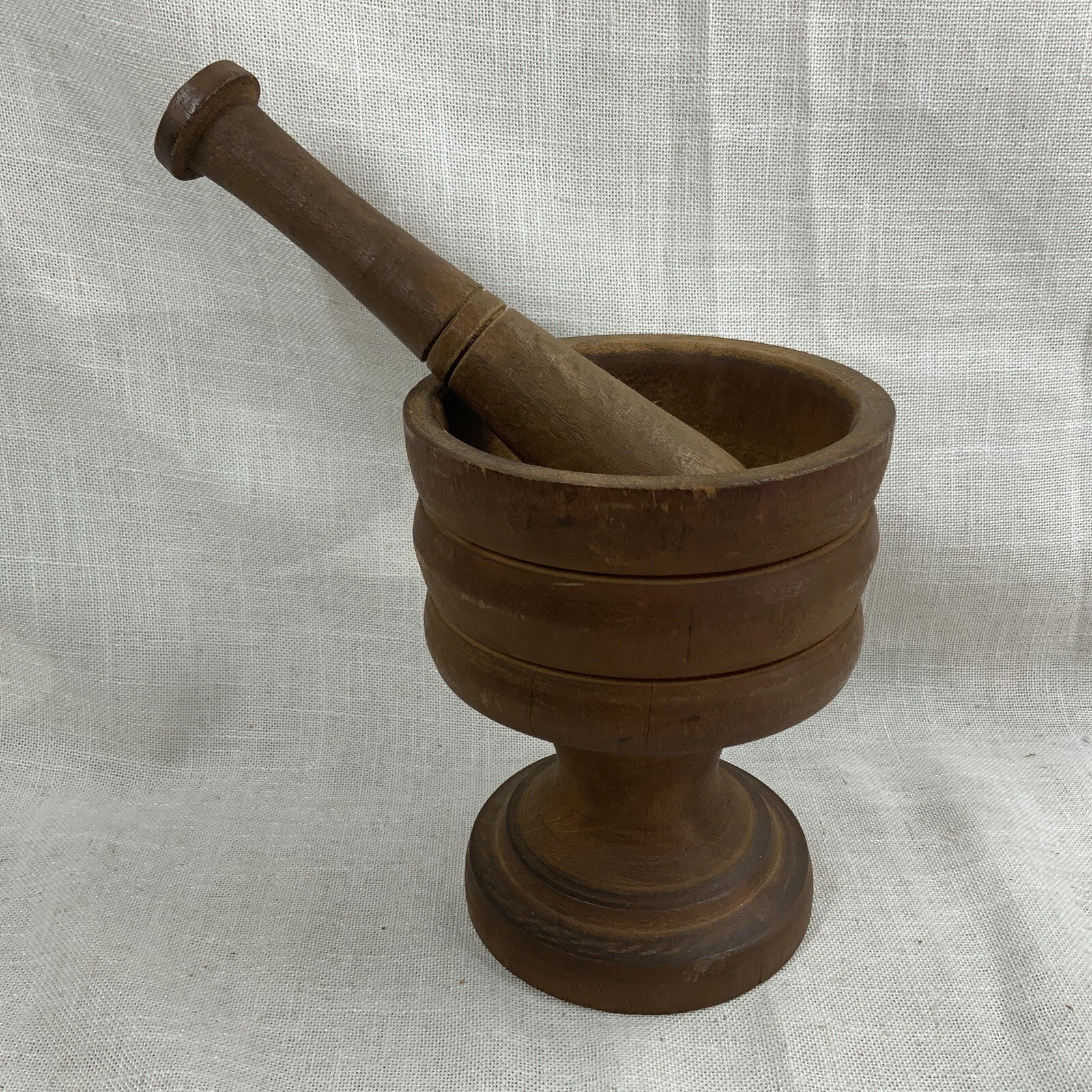 Large Vintage Wooden Mortar And Pestle Hand Turned Primitive Cottage Farmhouse