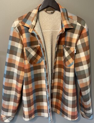 Men's GUELENKKE Orange/Brown Plaid Fleece Sherpa Button Up Shirt Jacket  Size L