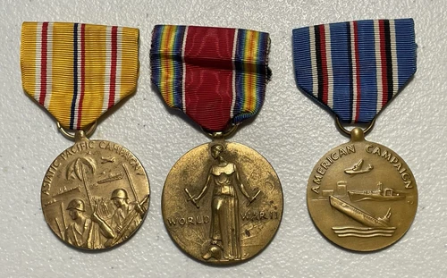 Lot of 3 Vintage WW2 WWII 1941-1945 US Military Service Medals Ribbon Pins
