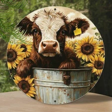 2D FlatCountry Animal Art Round Aluminum Sign Cute Cow And Sunflower Vintage Met