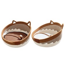 Cotton Rope Cat Bed Basket with Cat Ears, Woven Pet Sleeping Nest with Toy Ball