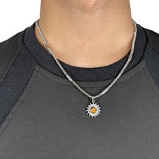 Silver Steel Sun Tiger Eye Stone Pendant Necklace Men Women Punk Jewellery Gift