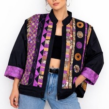Vintage Handmade Patchwork Quilted Jacket XL Purple Black Boho Artsy Coat Retro