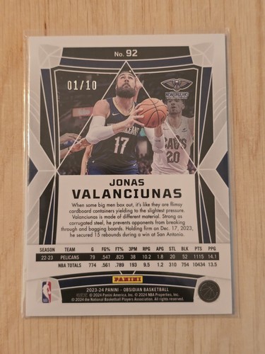 23-24 Obsidian Jonas Valanciunas #92 Electric Etch Molten Mojo 1/10 1st Of Print - Picture 7 of 8