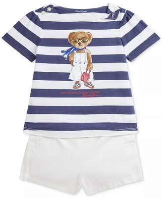 Polo Ralph Lauren BLUE Baby Girls Striped Polo Bear Tee & Short Set, US 9 months