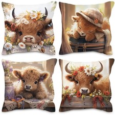 Highland Cow Pillow Covers 18x18 - Cute Western Decor, Set of 4 Throw Cases