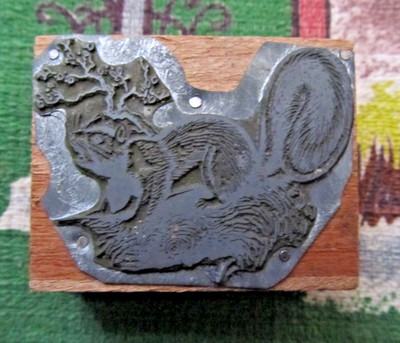 Vintage realistic squirrel in tree metal newspaper print block letterpress