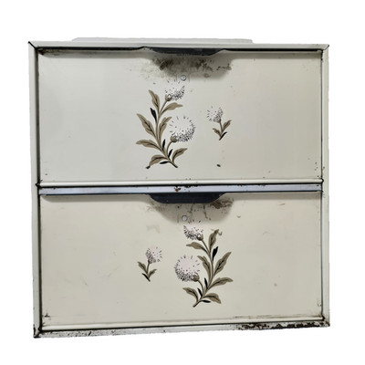 Vintage Aluminum Two Drawer Bread Box 13''x12'' with Floral Motifs READ
