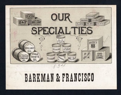 EX RARE Old Original OUR SPECIALTIES Sample Cigar Label - BARKMAN & FRANCISCO
