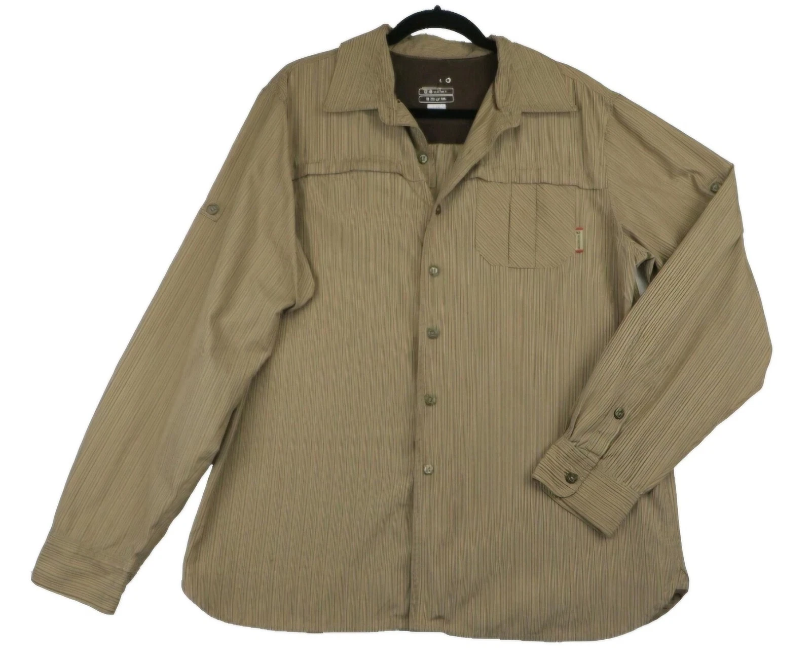 Merrell Shirt Mens Large Khaki Stripe UPF 50+ Opti-Wick Vented Roll Tab Hiking