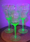 Set Of 3 Fancy Uranium Glass Wine Glasses Ribbed Art Deco Depression Era 7.75"